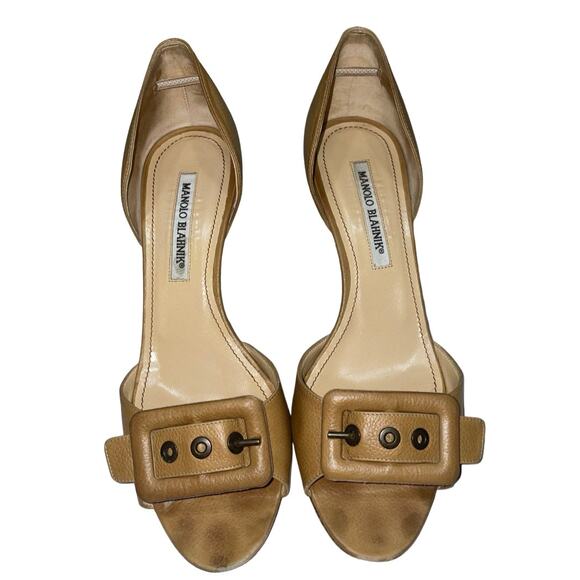 Manolo Blahnik Brown Tan Leather Buckle D'Orsay Open Toe Heels  Size: EU 38 US 8 - Picture 2 of 9